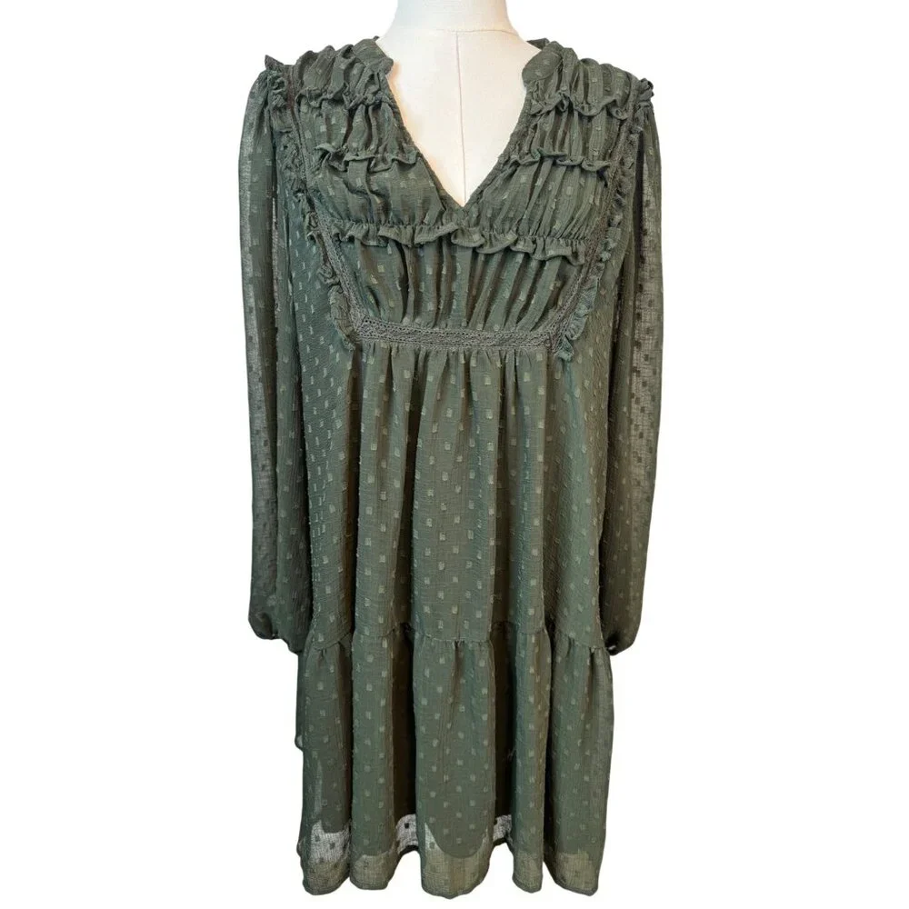 2/$30 ZARA Olive Green Small Sheer Textured Long Sleeve Dress - Picture 2 of 15